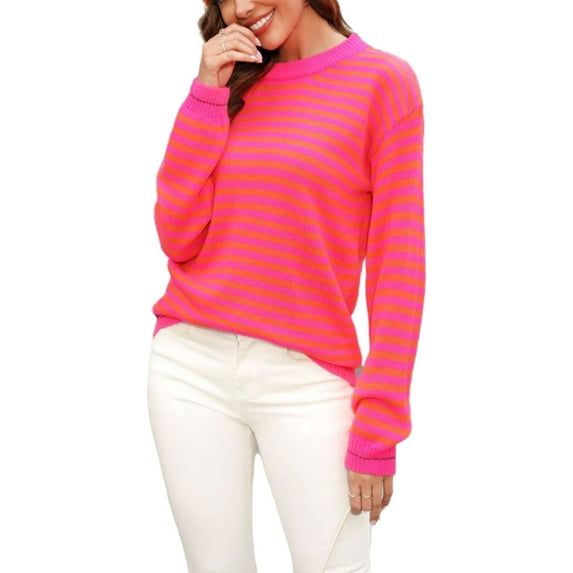 Horizontal Striped Knitted Round Collar Sweater Long Sleeve for Women Rose Gold Small