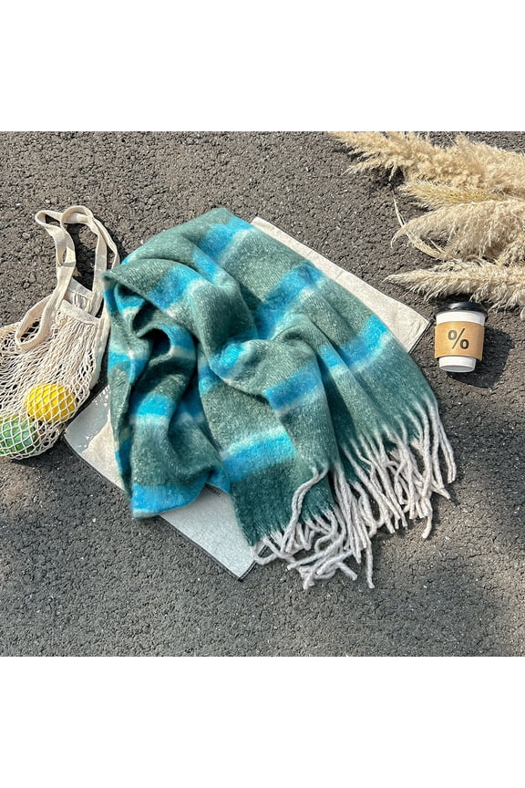 Horizontal Striped Scarf for Women, Autumn and Winter, High-End Shawl, Imitation Mohair Dopamine Neck Warmer