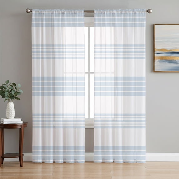Horizontal Striped Sheer Curtains 96 Inch Length 2 Panels Set, Modern Simple Lines Pattern Sky Blue Voile Window Treatment Semi Sheer Long Curtains Drapes for Bedroom/Living Room/Kitchen 52"x96"x2