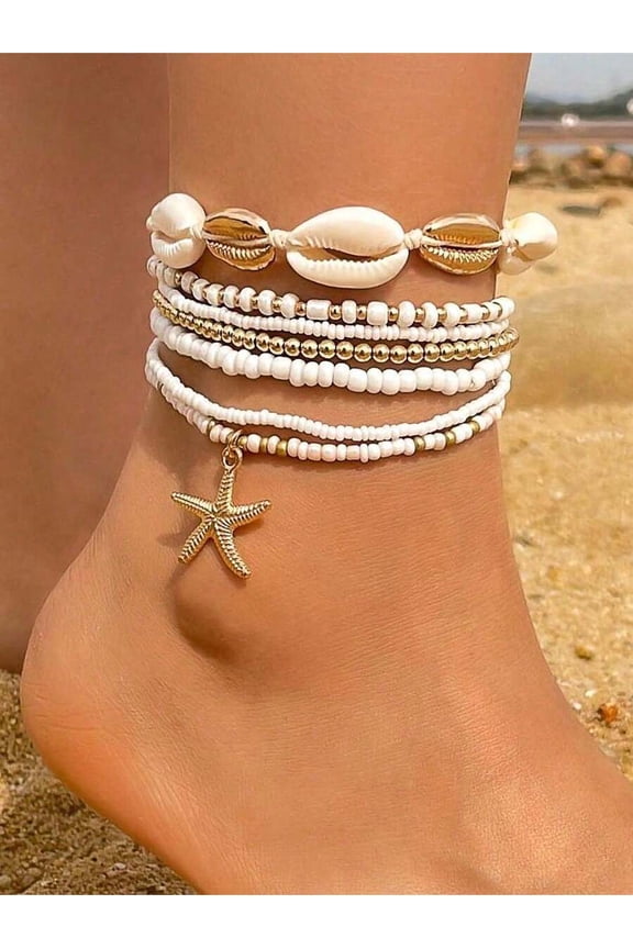 Horizontal Striped Starfish Anklet: 7-Piece Bohemian Beaded Shell Anklet Set For Women, Beach Summer Holiday Party Wear