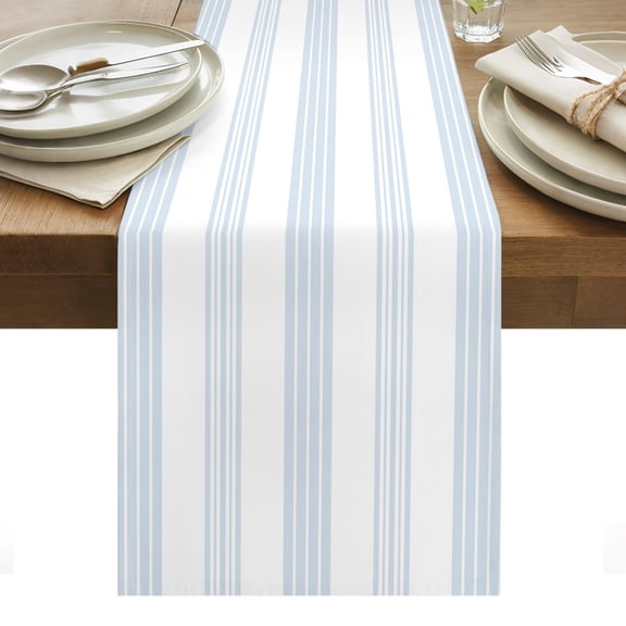 Horizontal Striped Table Runner Modern Simple Lines Pattern Sky Blue Tablerunners 13 x 120 Inch, Table Decorations Tabletop Scarf for Summer Gathering Holiday Farmhouse Kitchen Dining Decor