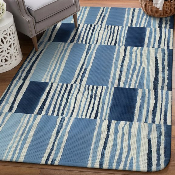 Horizontal Stripes Area Rugs for Living Room 5x6, Abstract Coastal Indigo Dye Lines Washable Area Rug with Non Slip Backing, Stain Resist Linen Carpet for Bedroom, Dining Room, Entryway, Entrance