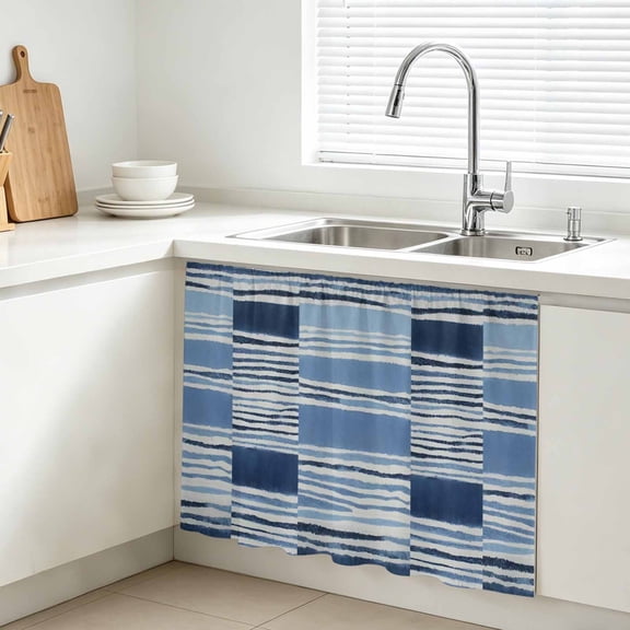 Horizontal Stripes Cabinet Curtains for Kitchen 10"W x 11"L, Abstract Coastal Indigo Dye Lines Under Sink Skirt Magic Tape Short Curtain Decorative Privacy Panel for Bathroom Laundry