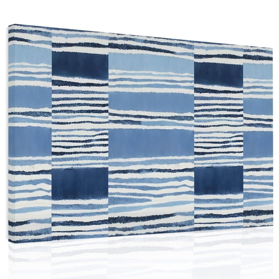 Horizontal Stripes Canvas Print Wall Art, Abstract Coastal Indigo Dye Lines Wall Decor Modern Artwork Paintings Pictures for Living Room Framed and Stretched Ready to Hang 24" x 32"