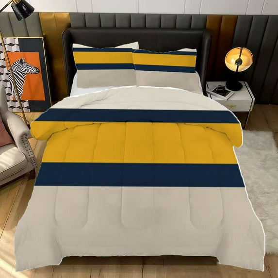 Horizontal Stripes Gold Navy Beige Comforter Set Twin Size Bedding Set For Travl Bedroom Decor Quilt With 2 Pillow Cases