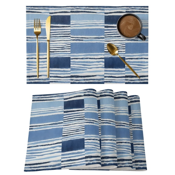 Horizontal Stripes Placemats Set of 12, Abstract Coastal Indigo Dye Lines Non-Slip Place Mats Washable Table Mats for Kitchen Dining Table Decorations Indoor/Outdoor