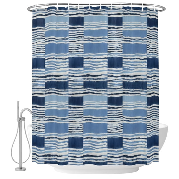 Horizontal Stripes Shower Curtain for Bathroom, Abstract Coastal Indigo Dye Lines Waterproof Machine Washable Shower Curtain Set with Hooks, Bath Decoration for Home Bathtub Stall 36"x72"
