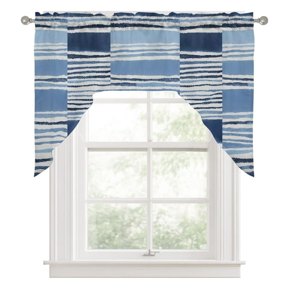 Horizontal Stripes Swag Valance for Windows, Abstract Coastal Indigo Dye Lines Swag Curtains Valances for Small Window Treatment Rod Pocket for Kitchen Bathroom 1 Panel 56x36in