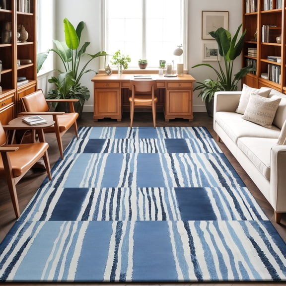 Horizontal Stripes Washable Area Rug 9 x 12 ft Abstract Coastal Indigo Dye Lines, Soft Non Slip Rugs Stain Repellent Indoor Felt Carpet for Living Dining Room Bedroom Home Office