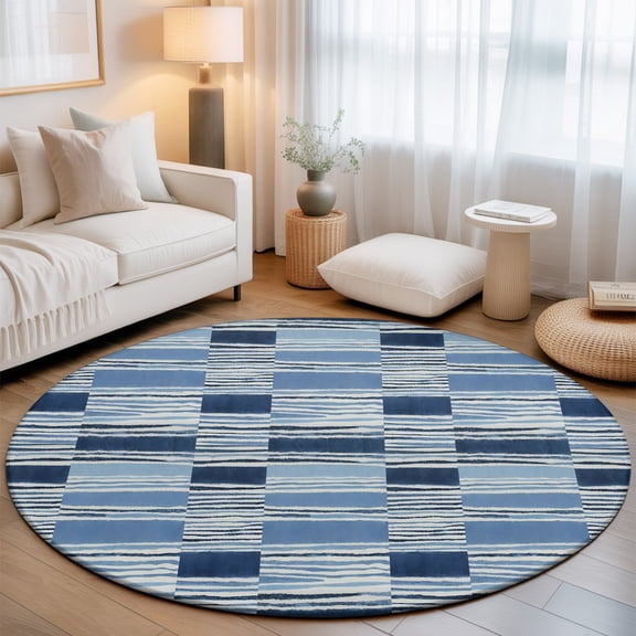 Horizontal Stripes Washable Round Area Rug 6 ft, Abstract Coastal Indigo Dye Lines, Soft Non Slip Rugs Stain Repellent Indoor Felt Carpet for Living Dining Room Bedroom Home Office
