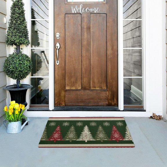Horizontal Stripes with Christmas Tree Knit Doormats Welcome Mats Gate Pads Entryway Outdoor 32" x 20"