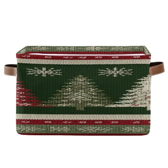 Horizontal Stripes with Christmas Tree Knit Square Storage Bins with Handles Collapsible Containing Box 1 Pack