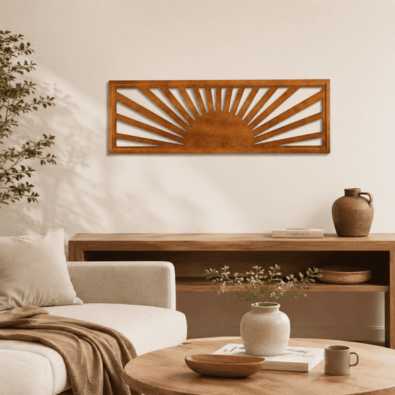 Horizontal Sun Wall Art 35"x12" Boho Wooden Room Decor Dark Brown
