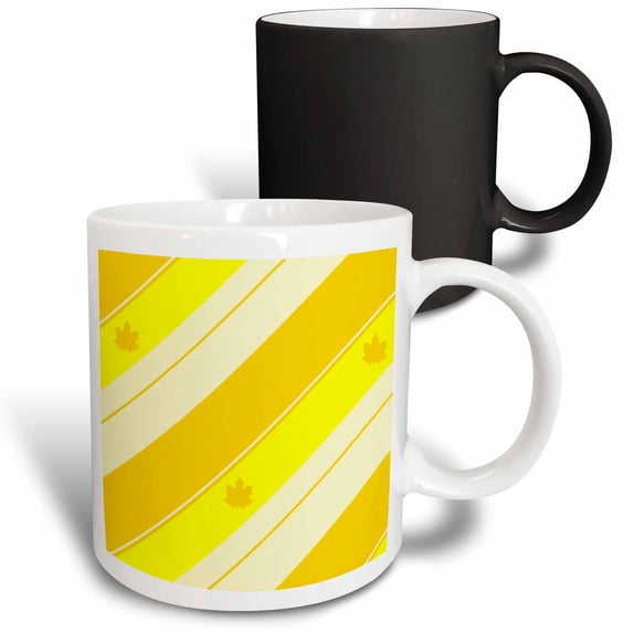 3drose, Horizontal Two Tone Yellow and White Stripes with Maple Leaves., 11oz Magic Transforming Mug