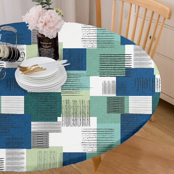 Horizontal and Vertical Lines Tablecloth Fitted Elastic Oil-Proof Modern Patio Table Covers Wrinkle Resistant Round Tablecloths Waterproof for 46" - 52" Round Table