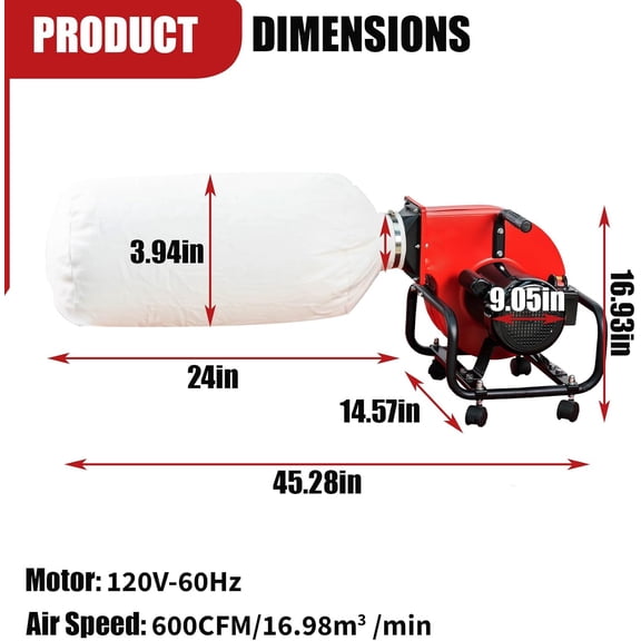 Horizontal Woodworking Dust Collector 750W, 1HP, 15-Gallon Collection Bag, 7.4 Amp Motor, Mobile Base & Wall Mount Option, for Efficient Workshop Cleanup