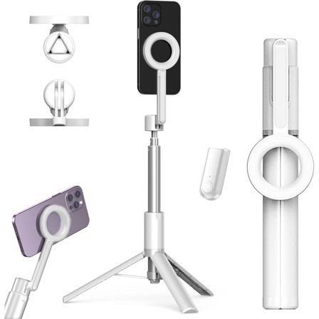 Horizum Magnetic Phone Tripod, 57" Extendable Selfie Stick with Wireless Remote for iPhone with Light, 360° Rotation Phone Stand for Video Recording & Vlogging - Portable Travel Tripod