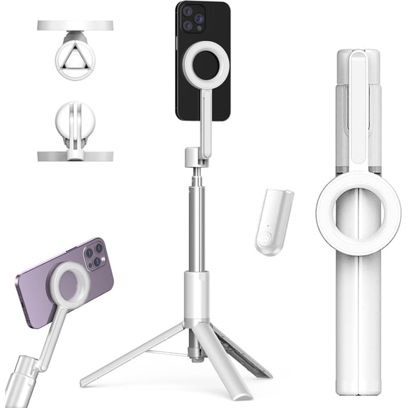 Horizum Magnetic Phone Tripod, 57" Extendable Selfie Stick with Wireless Remote for iPhone with Light, 360° Rotation Phone Stand for Video Recording & Vlogging - Portable Travel Tripod