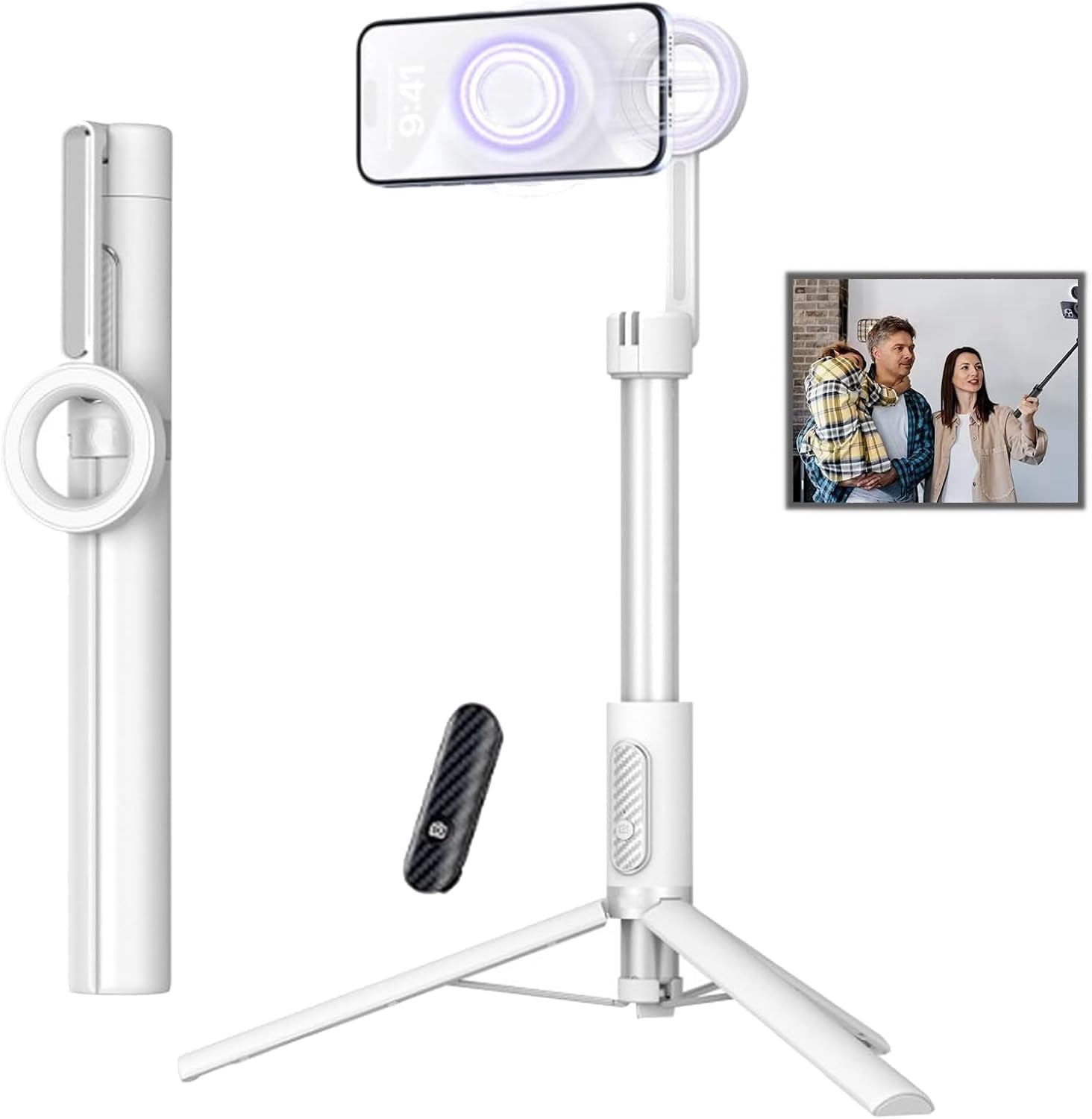 JEBTBFZE Magnetic Phone Tripod with Bluetooth Remote, Extendable Selfie Stick Tripod, 360° Rotation & Quick Release Mount, Universal for Phones(white