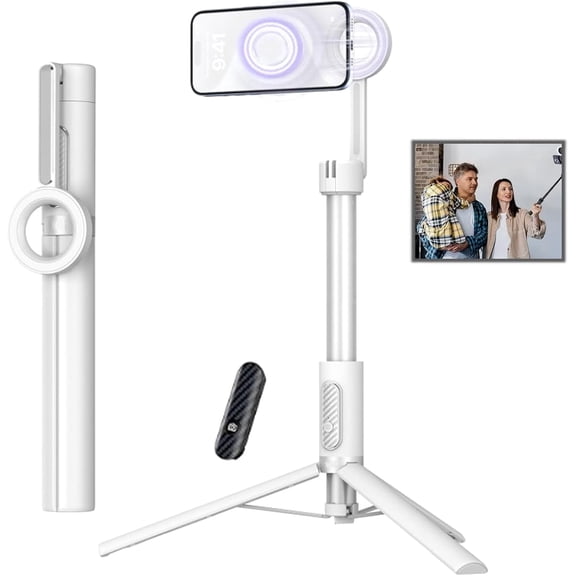 JEBTBFZE Magnetic Phone Tripod with Bluetooth Remote, Extendable Selfie Stick Tripod, 360° Rotation & Quick Release Mount, Universal for Phones(white