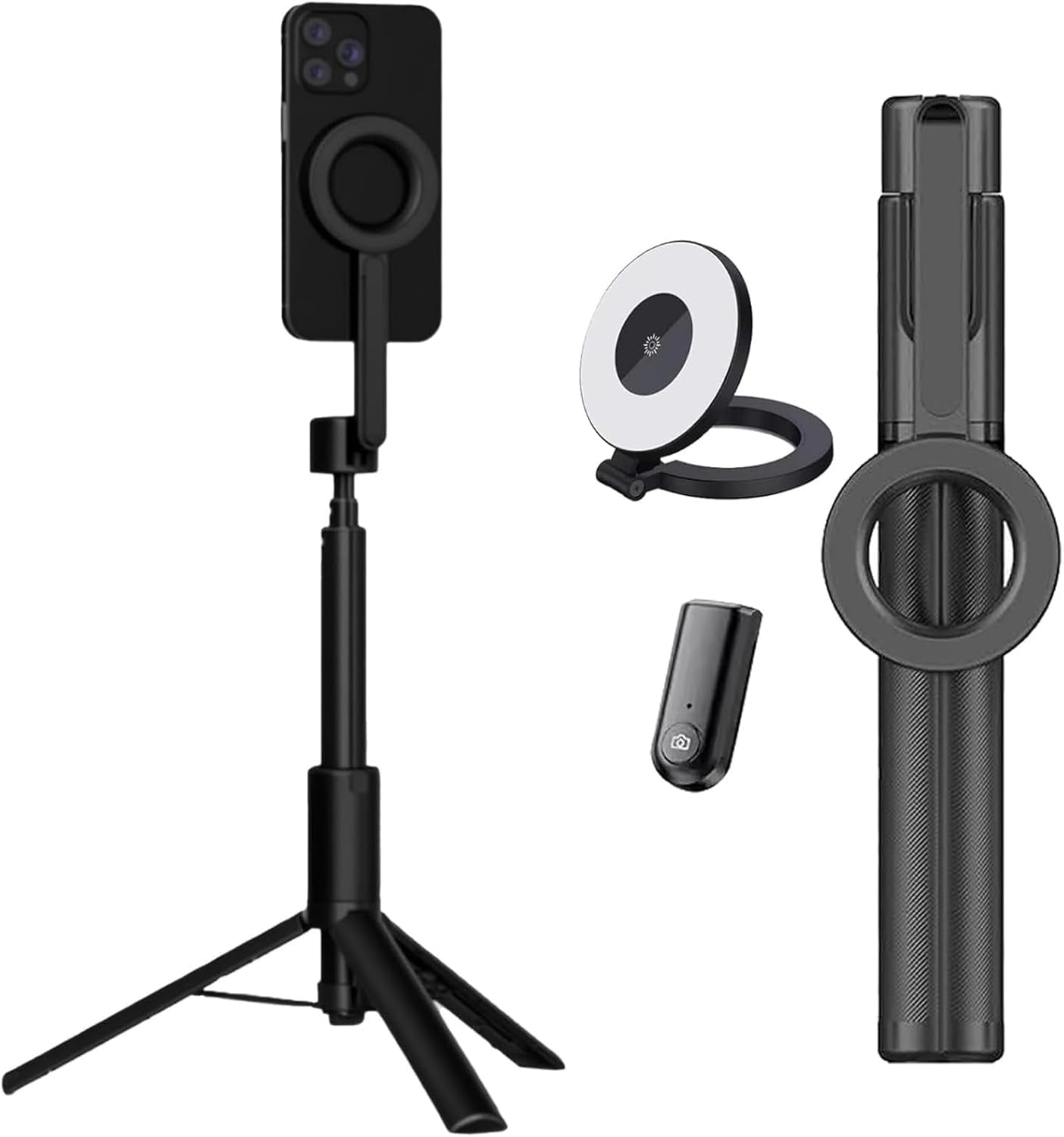 Horizum Magnetic Phone Tripod with Light, 51''/63'' Extendable Portable Selfie Stick with Wireless Remote for iPhone, 360° Rotation Phone Stand for Video Recording/Vlogging (Black,51'')