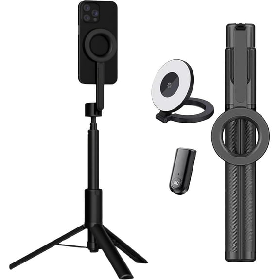 Horizum Magnetic Phone Tripod with Light, 51''/63'' Extendable Portable Selfie Stick with Wireless Remote for iPhone, 360° Rotation Phone Stand for Video Recording/Vlogging (Black,51'')