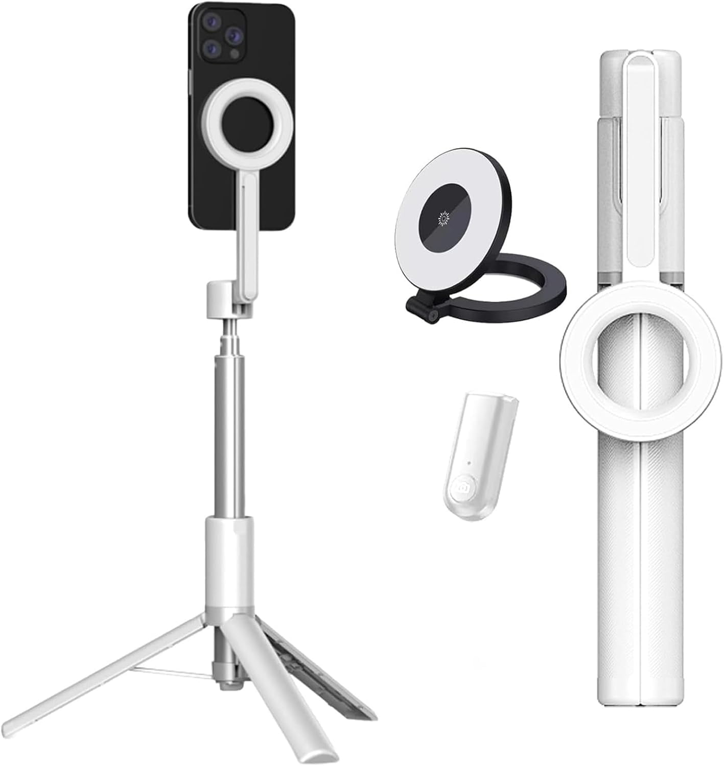 Horizum Magnetic Phone Tripod with Light, 51''/63'' Extendable Portable Selfie Stick with Wireless Remote for iPhone, 360° Rotation Phone Stand for Video Recording/Vlogging (White,51'')