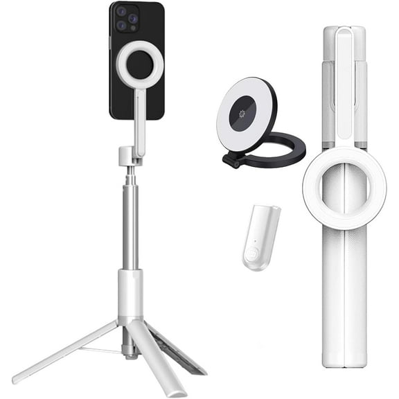 Horizum Magnetic Phone Tripod with Light, 51''/63'' Extendable Portable Selfie Stick with Wireless Remote for iPhone, 360° Rotation Phone Stand for Video Recording/Vlogging (White,51'')