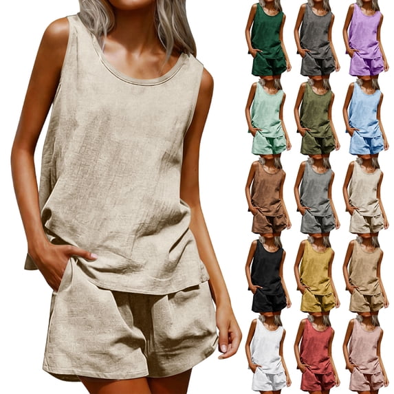 Horkkom 2 Piece Sets for Women Linen Solid Color Tank Tops Elastic Waist Shorts with Pockets Short Sets Casual Vacation Summer Sets XXXL