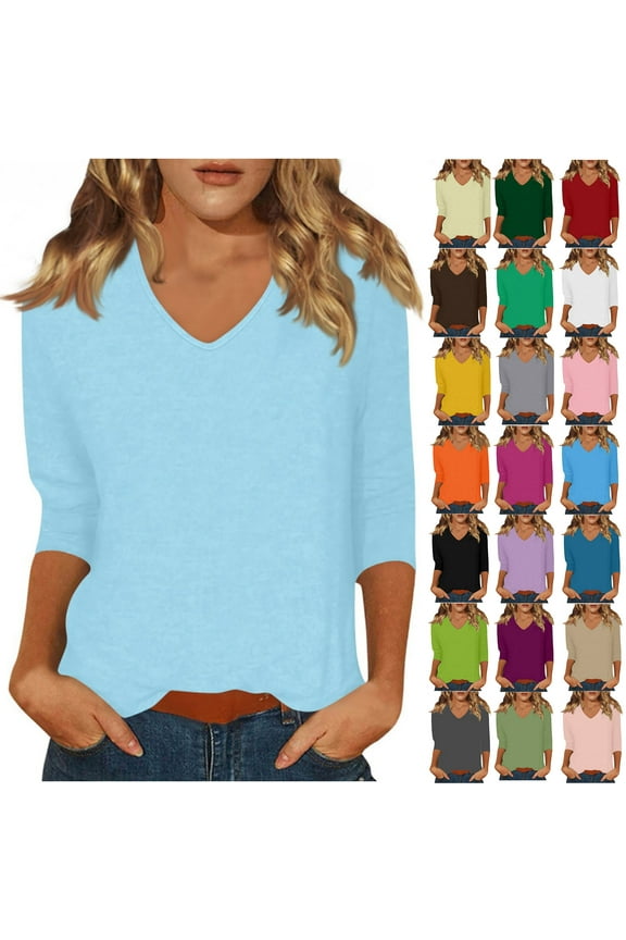 3/4 Length Sleeve Womens Tops Casual V Neck Solid Color Undershirts Soft Comfy Plain T Shirts XL, Gifts for Women