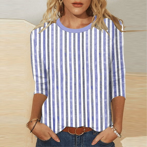 Horkkom 3/4 Length Sleeve Womens Tops Plus Size Spring Summer Crew Neck T Shirts Striped Print Trendy Casual Tops XXXXXL