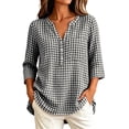 thumbnail image 1 of Horkkom 3/4 Length Sleeve Womens Tops V Neck Plaid Print Button Up Shirt Trendy Business Casual Tops M, 1 of 7