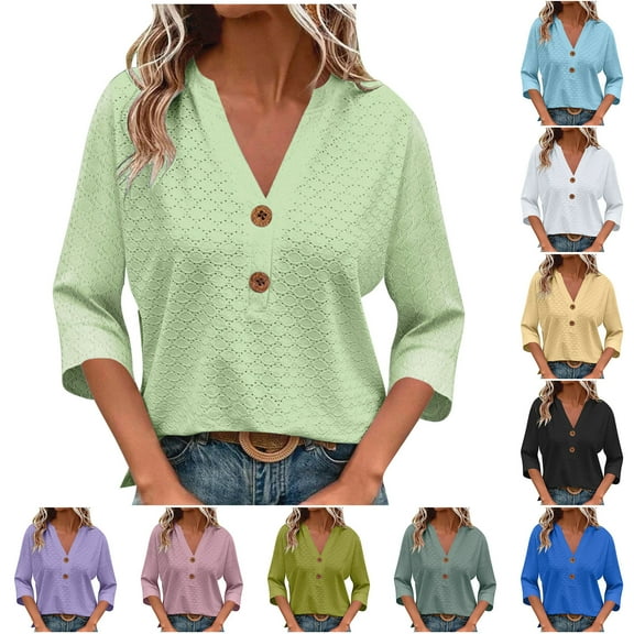 Horkkom 3/4 Length Sleeve Womens Tops V Neck Pullover Button Down Shirts Fall Casual Solid Color Blouses L, Gifts for Women