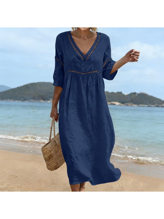 3/4 Sleeve Dress for Women Solid Color V Neck Maxi Dresses Summer Casual Loose Plus Size Dresses, XS-5XL