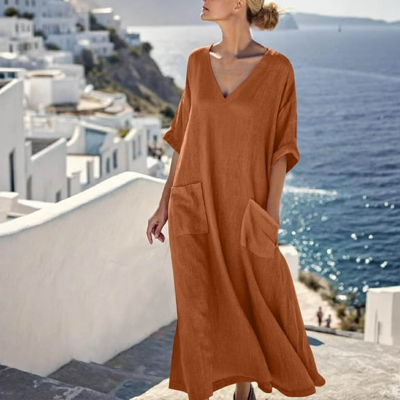 Horkkom 3/4 Sleeve Dress for Women V Neck Solid Color Maxi Dresses Summer Loose Casual Dresses with Pockets 2XL, Gifts for Women