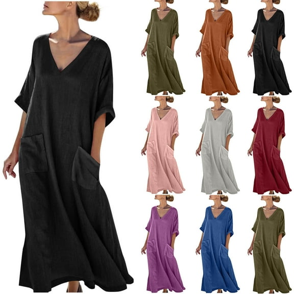 Horkkom 3/4 Sleeve Dress for Women V Neck Solid Color Maxi Dresses Summer Loose Casual Dresses with Pockets L, Gifts for Women