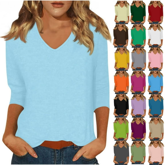 Horkkom 3/4 Sleeve T Shirts for Women Casual V Neck Solid Color Undershirts Soft Comfy Plain T Shirts M, Gifts for Women