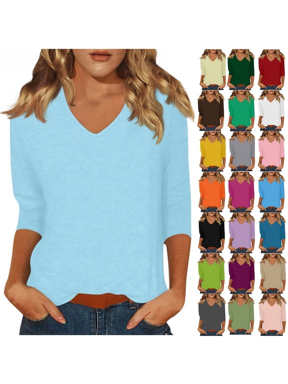 3/4 Sleeve T Shirts for Women Casual V Neck Solid Color Undershirts Soft Comfy Plain T Shirts XL, Gifts for Women