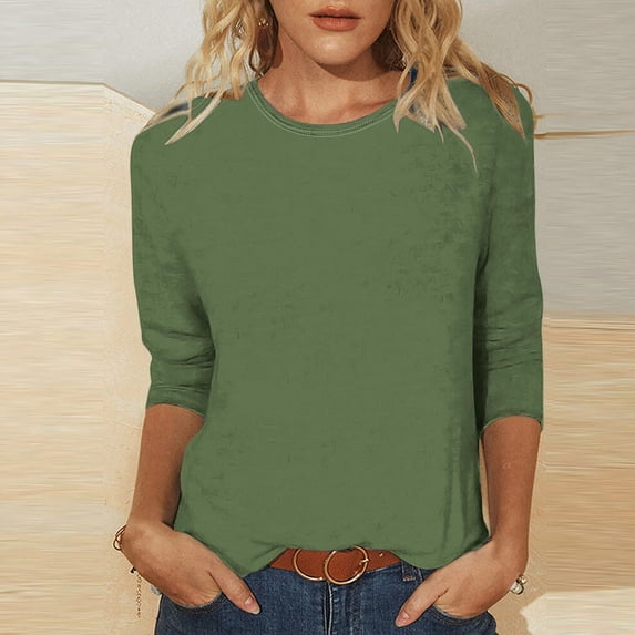 Horkkom 3/4 Sleeve Tops for Women Casual Crew Neck Solid Color Shirts Loose Pullover Blouses, Gifts for Women