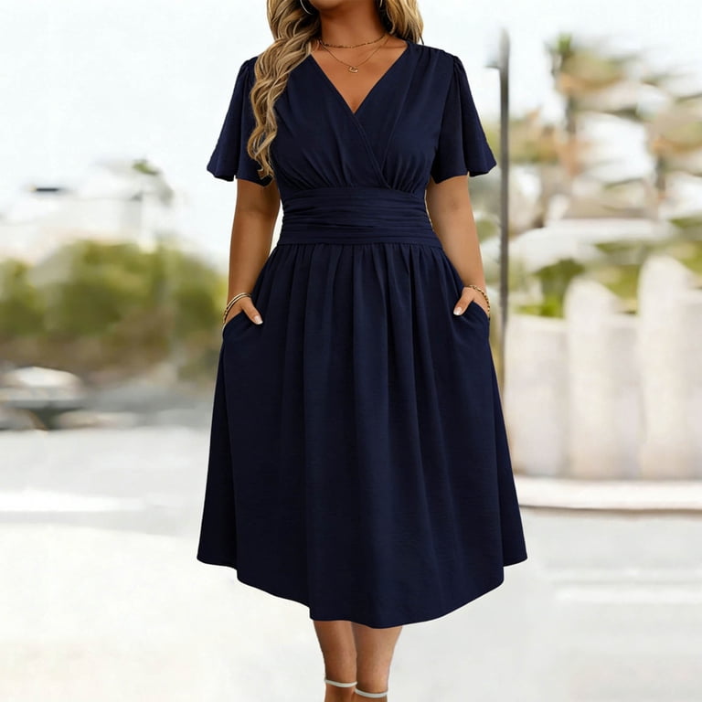 Horkkom A Line Dresses for Women Short Sleeve Plus Size Midi Dresses Loose Flowy Summer Dresses, S-5XL