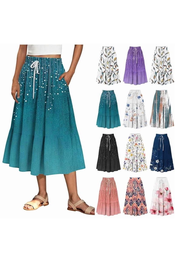 A Line Skirt High Waist Floral Print Maxi Skirts for Women, Summer Causal Loose Pleated Skirts M