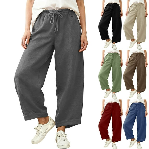 Horkkom Barrel Sweatpants Women Trendy Solid Color Wide Leg Pants Casual Loose Workout Pants with Pockets Drawstring L