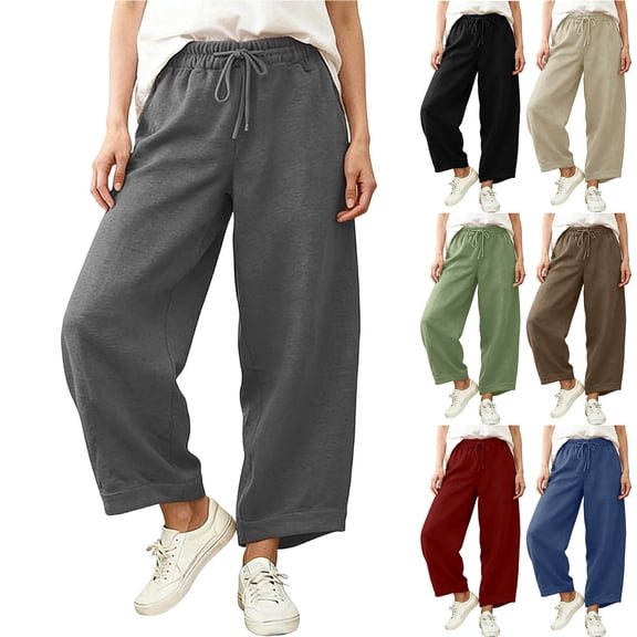 Horkkom Barrel Sweatpants Women Trendy Solid Color Wide Leg Pants Casual Loose Workout Pants with Pockets Drawstring S