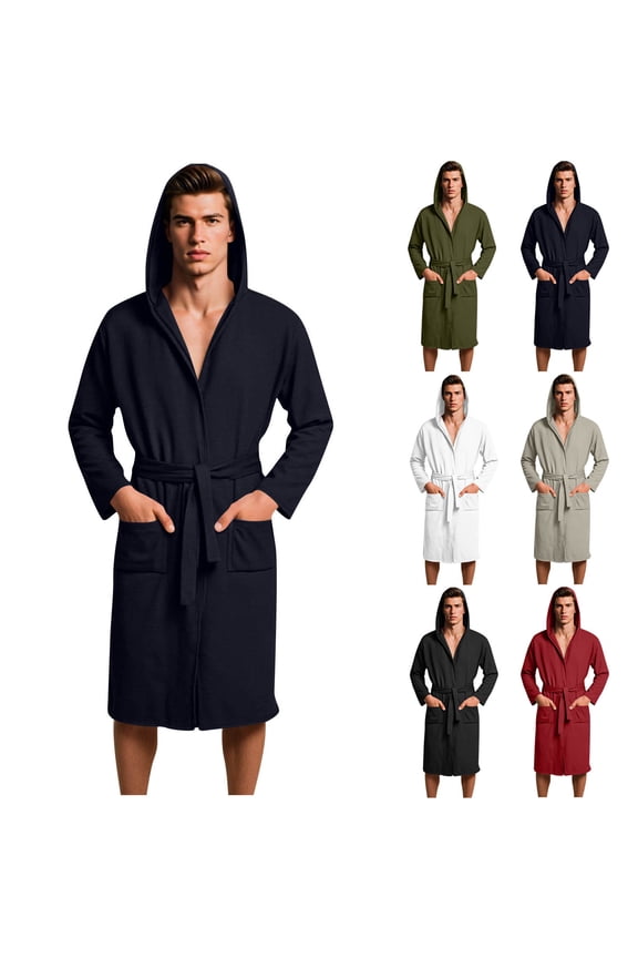 Bathrobe Men Long Sleeve Shower Robe with Pockets Hood Strap Loose Comfy House Bath Robe S