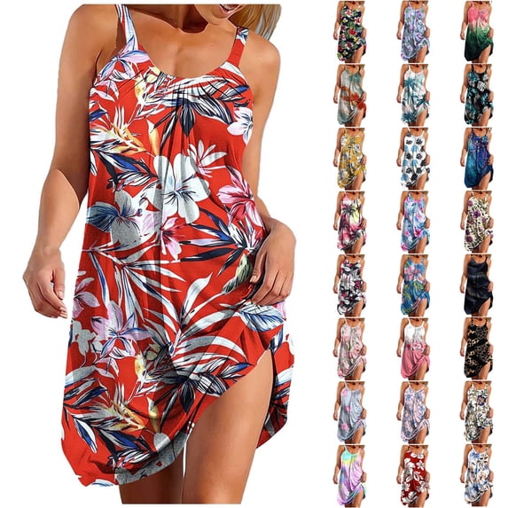 Horkkom Beach Dresses for Women Summer Spaghetti Strap Mini Dresses Floral Print Loose Sundresses XXL