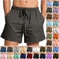 thumbnail image 1 of Horkkom Beach Shorts for Men Breathable Elastic Waist Drawstring Solid Color Linen Shorts Summer Vacation Casual Shorts with Pockets L, 1 of 8