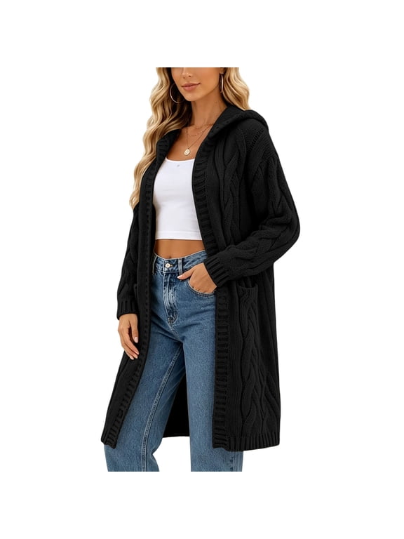 Black Cardigan for Women Plus Size Hood Cardigan Sweaters Knit Casual Long Open Front Cardigan with Pockets XL