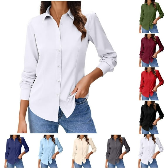Horkkom Blouses for Women Dressy Casual V Neck Solid Color Long Sleeve Button Down Shirts Button Up Work Tops L