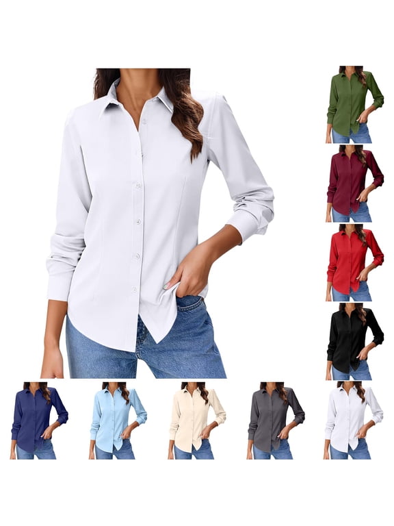 Blouses for Women Dressy Casual V Neck Solid Color Long Sleeve Button Down Shirts Button Up Work Tops L