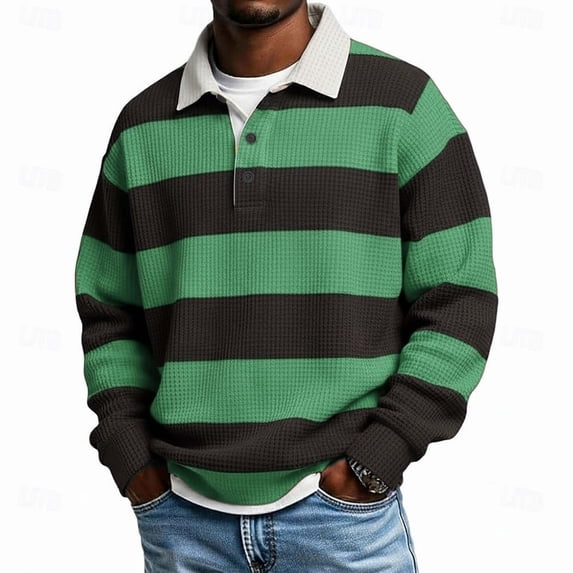 Horkkom Button Down Shirt Men Collared Striped Knit Shirt Breathable Long Sleeve Casual Color Block Shirts XXL